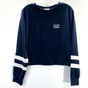 Cali Baby Good Vibes Cropped Blue Sweatshirt Top Long Sleeve Striped Crew - L